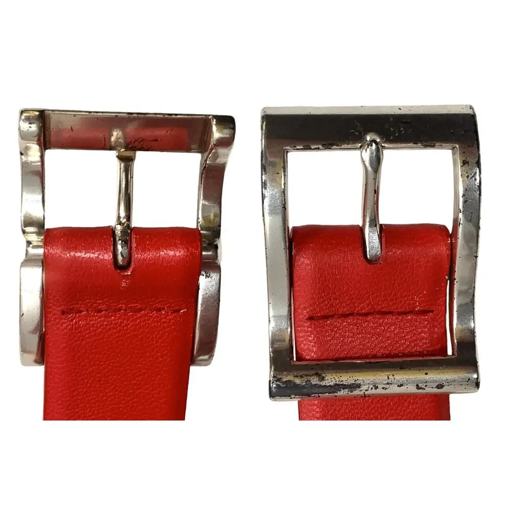 90s DKNY Red Leather Belt w Silver Buckle | VTG S | 28